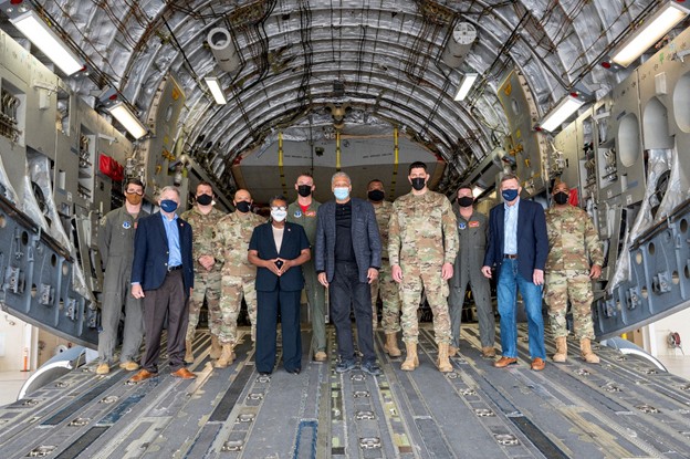 Members of Tennessee Air National Guard and elected officials pose for a photo on the back ramp of a C-17 during a “Get to Know Your Guard” tour in Memphis, April 16. (Photo by: Airman 1st Class Travonna Hawkins) Members of Tennessee Air National Guard and elected officials pose for a photo on the back ramp of a C-17 during a “Get to Know Your Guard” tour in Memphis, April 16. (Photo by: Airman 1st Class Travonna Hawkins)