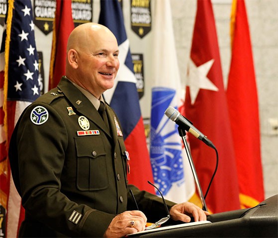 Brig. Gen. John “Brad” Bowlin speaks to the attendees during his promotion ceremony at the Mt. Carmel National Guard Armory, March 6. (photo by Staff Sgt. Mathieu Perry) Brig. Gen. John “Brad” Bowlin speaks to the attendees during his promotion ceremony at the Mt. Carmel National Guard Armory, March 6. (photo by Staff Sgt. Mathieu Perry)