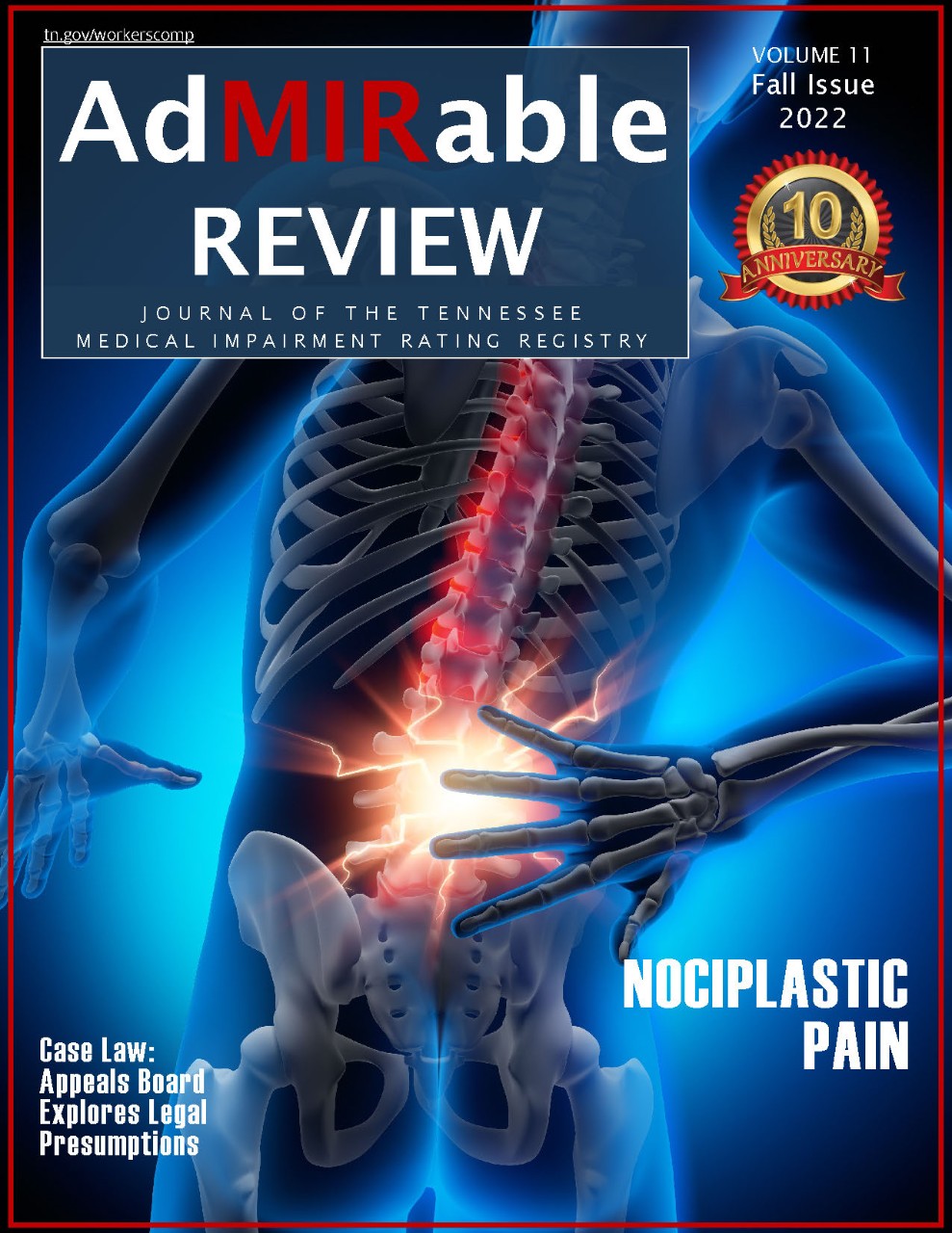 AdMIR_FALL_2022_Cover AdMIRable Review journal digital cover with a musculoskeletal hand reaching to a pain point along its lower spine.